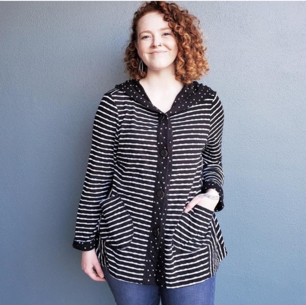 HABITAT Black White Hooded Cardigan‎ Striped Polka Dot Size Large Lagenlook
